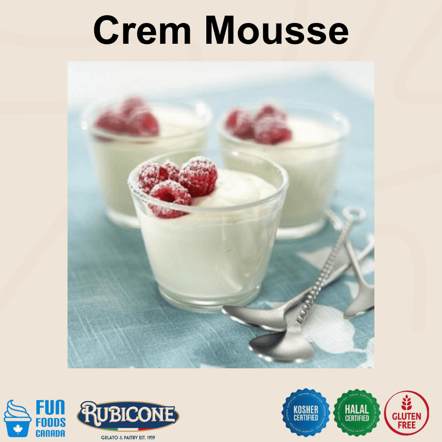 Rubicone Crem Mousse for preparing smooth, creamy mousse desserts, shown served in individual glasses topped with raspberries. Kosher, Halal and Gluten-Free certified.