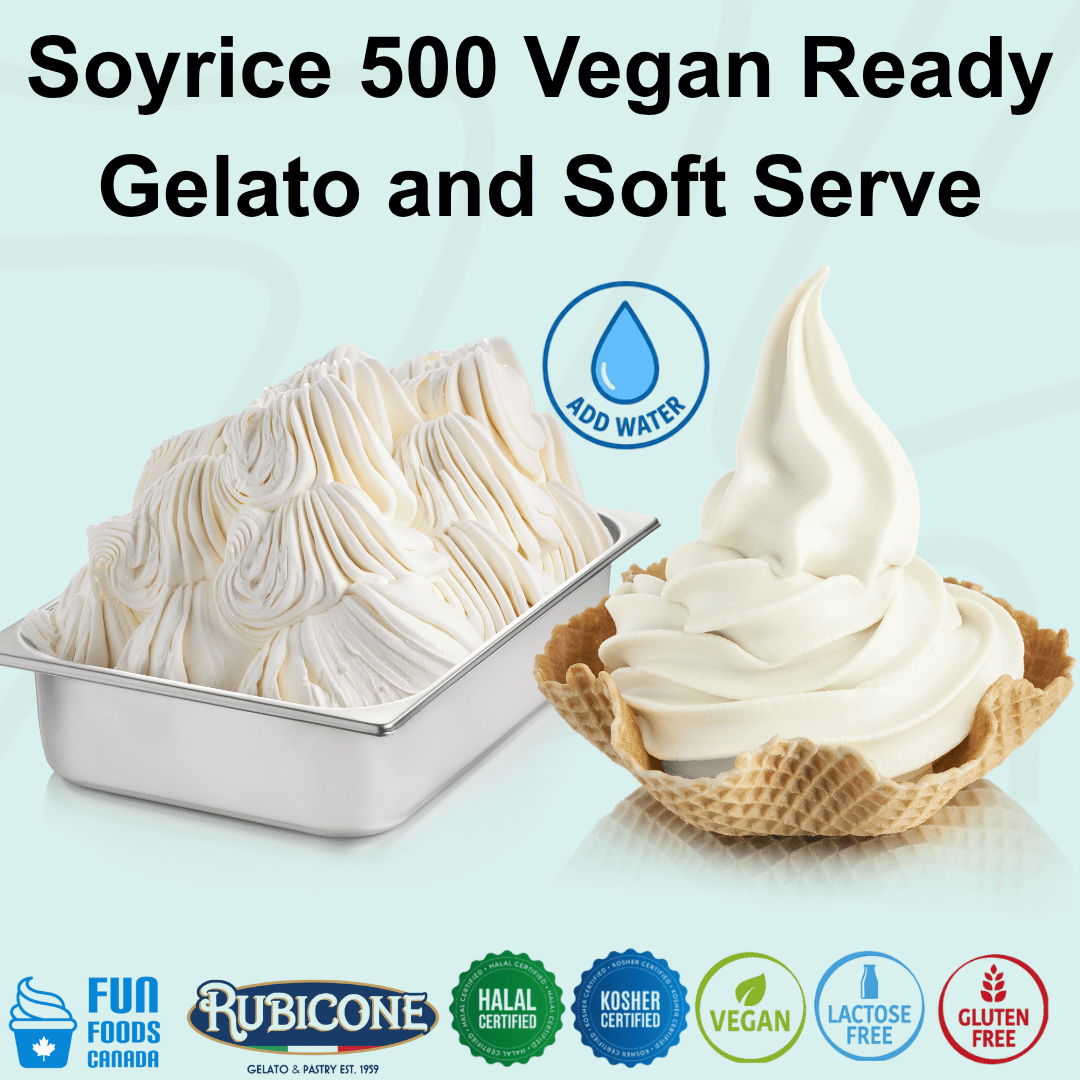 Rubicone Soyrice 500 Vegan Ready Gelato mix – versatile add-water base for commercial vegan gelato and soft serve in Canada. Halal and Kosher certified, vegan, lactose-free and gluten-free.
