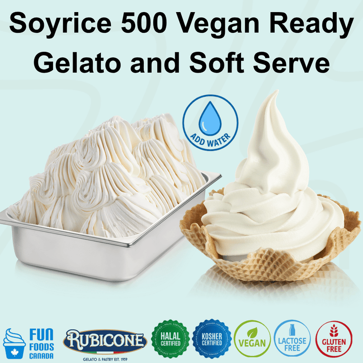 Rubicone Soyrice 500 Vegan Ready Gelato mix – versatile add-water base for commercial vegan gelato and soft serve in Canada. Halal and Kosher certified, vegan, lactose-free and gluten-free.
