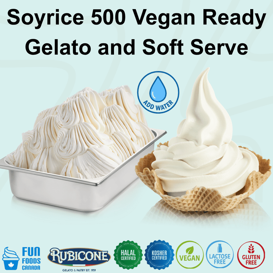 Rubicone Soyrice 500 Vegan Ready Gelato mix – versatile add-water base for commercial vegan gelato and soft serve in Canada. Halal and Kosher certified, vegan, lactose-free and gluten-free.
