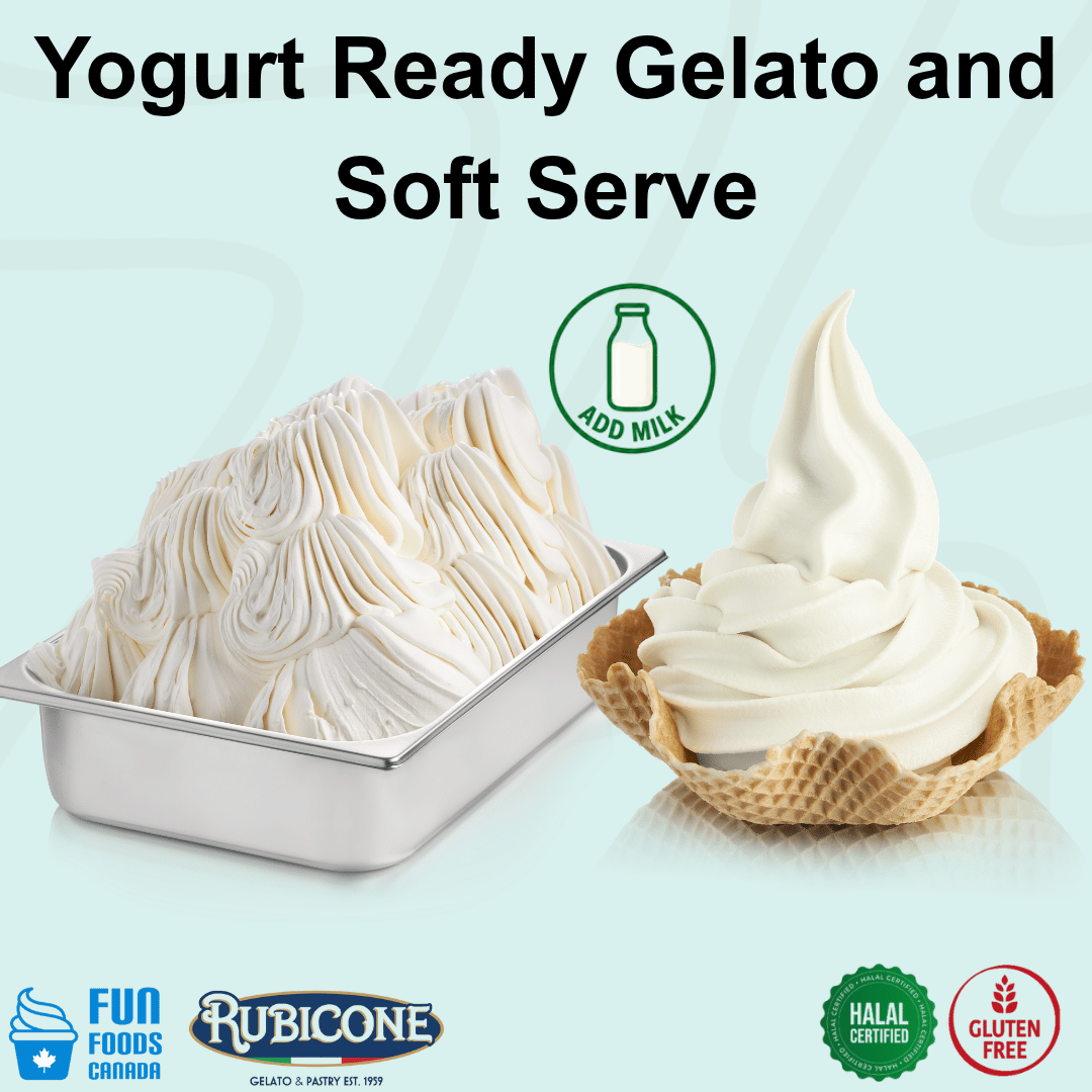 Rubicone Yogurt Ready Gelato mix – yogurt-flavoured add-milk mix for commercial gelato and soft serve in Canada. Halal and gluten-free.
