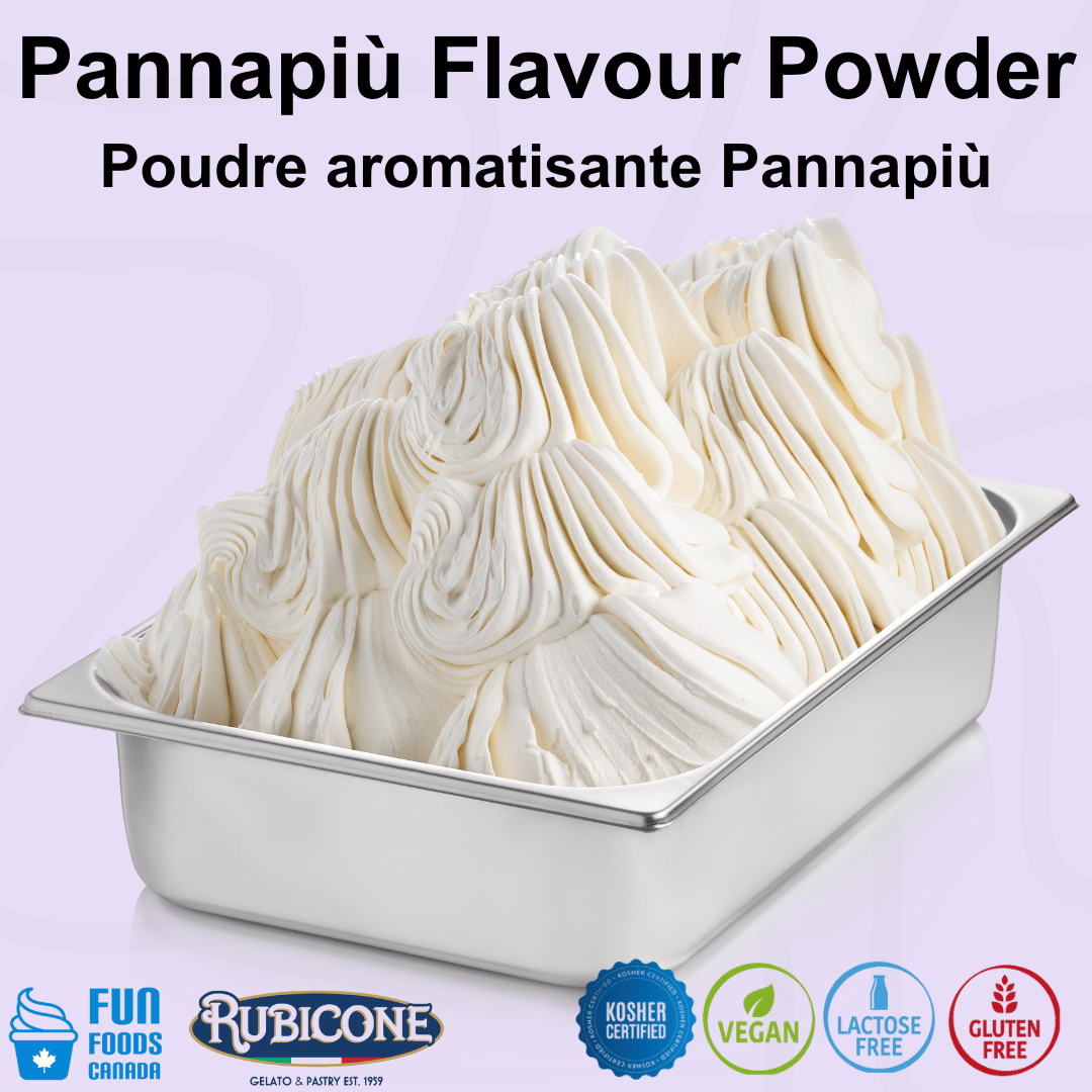 Rubicone Pannapiù Flavour Powder for authentic Italian gelato, shown as smooth, creamy panna gelato with a rich ivory colour in a display pan. Available in Canada from Fun Foods Canada.