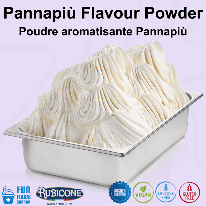 Rubicone Pannapiù Flavour Powder for authentic Italian gelato, shown as smooth, creamy panna gelato with a rich ivory colour in a display pan. Available in Canada from Fun Foods Canada.