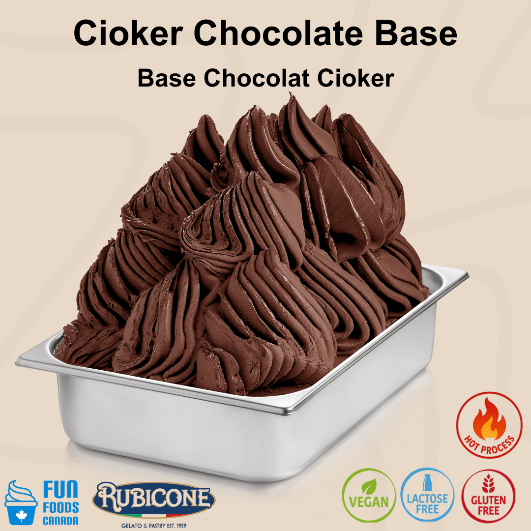 Chocolate base in a metal container with Rubicone branding on a beige background and certification badges: hot process, vegan, lactose-free, and gluten-free