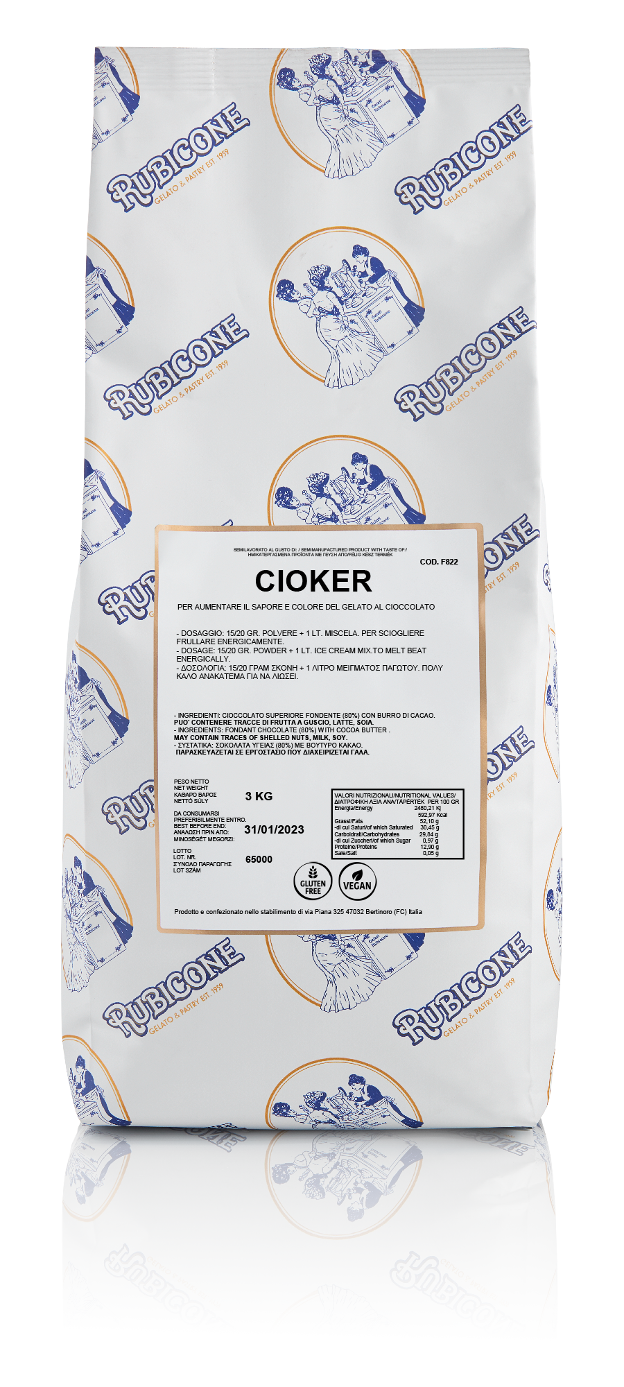 Rubicone Cioker Chocolate Gelato Base 3 KG bag on a white background - Canadian Distribution of Rubicone