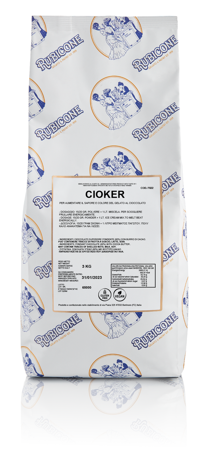 Rubicone Cioker Chocolate Gelato Base 3 KG bag on a white background - Canadian Distribution of Rubicone