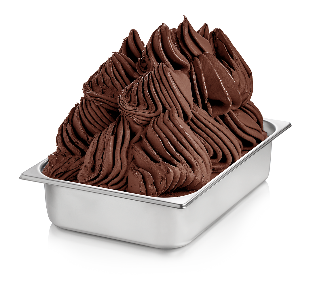 Chocolate ice cream in a metal container on a white background