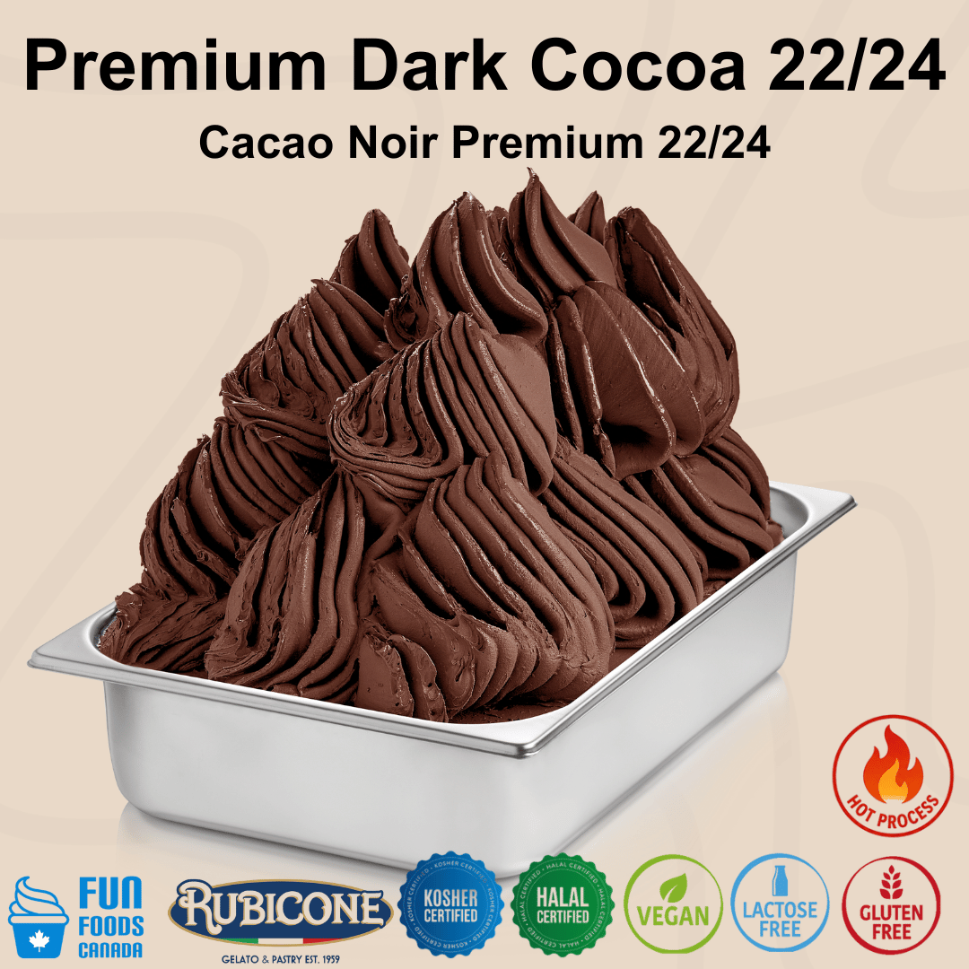Pan of chocolate ice cream with 'Premium Dark Cocoa 22/24' text and Rubicone branding.