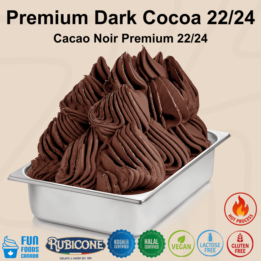 Pan of chocolate ice cream with 'Premium Dark Cocoa 22/24' text and Rubicone branding.