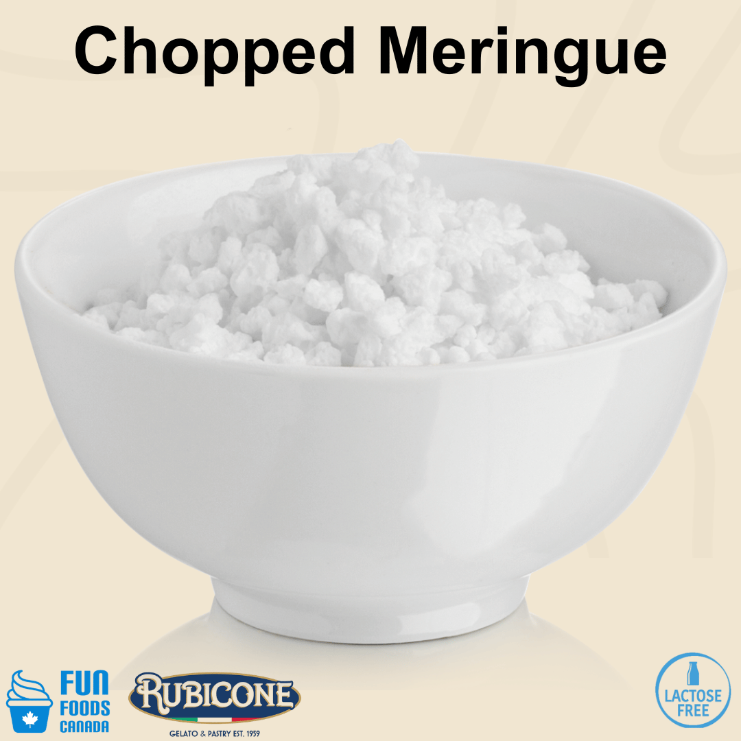 Rubicone Chopped Meringue, light and crunchy meringue pieces ideal for adding texture and decoration to gelato, ice cream, frozen desserts, cakes, pastries and other dessert creations. Lactose Free.
