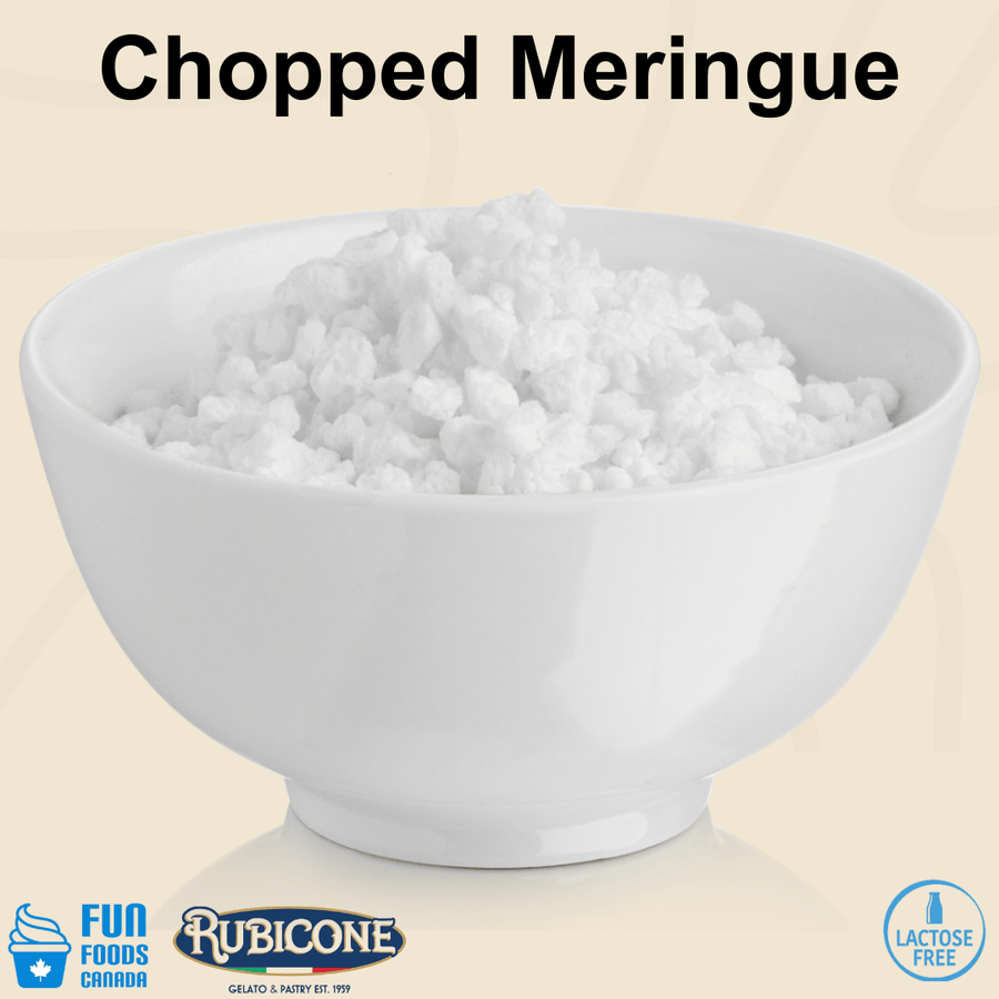 Rubicone Chopped Meringue, light and crunchy meringue pieces ideal for adding texture and decoration to gelato, ice cream, frozen desserts, cakes, pastries and other dessert creations. Lactose Free.
