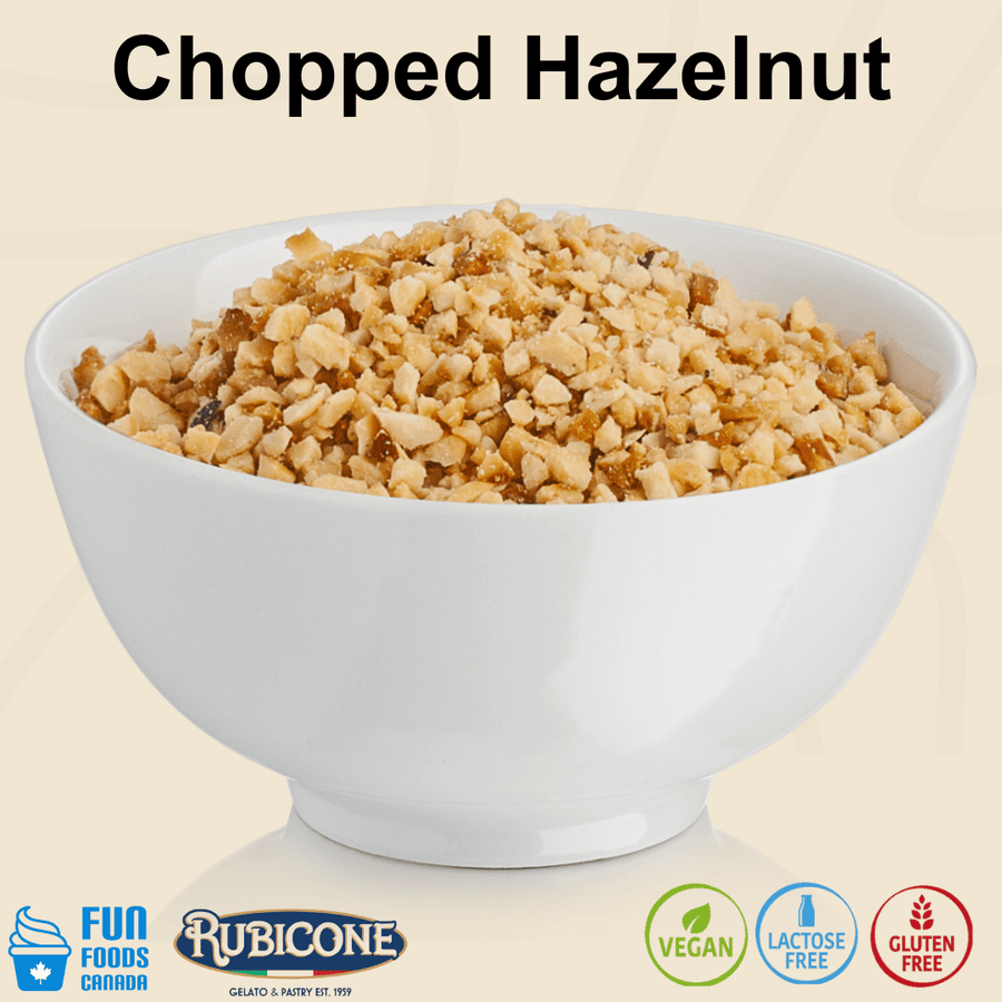 Rubicone Chopped Hazelnut, finely chopped hazelnut pieces with a crisp texture and rich nutty flavour, ideal for topping and decorating gelato, ice cream, pastries, cakes and desserts. Vegan, Lactose Free and Gluten Free.
