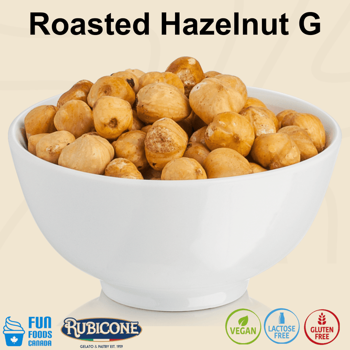 Rubicone Roasted Hazelnut G, whole roasted hazelnuts with a rich, toasted nutty flavour and crunchy texture, ideal for topping and decorating gelato, ice cream, pastries, cakes and desserts. Vegan, Lactose Free and Gluten Free.
