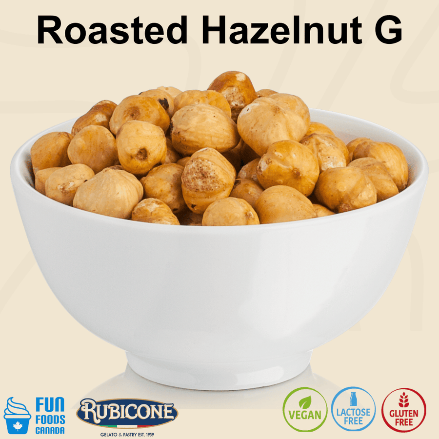 Rubicone Roasted Hazelnut G, whole roasted hazelnuts with a rich, toasted nutty flavour and crunchy texture, ideal for topping and decorating gelato, ice cream, pastries, cakes and desserts. Vegan, Lactose Free and Gluten Free.
