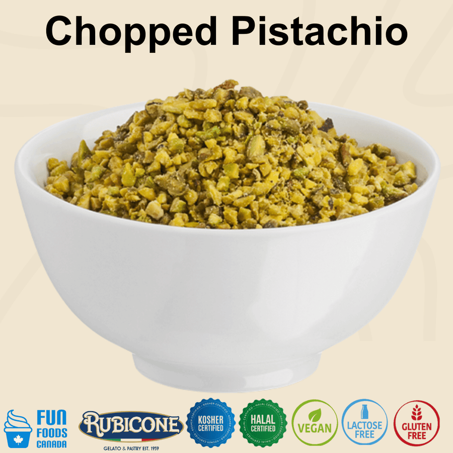 Rubicone Chopped Pistachio, finely chopped pistachio pieces with a rich nutty flavour and crunchy texture, ideal for topping and decorating gelato, ice cream, pastries, cakes and desserts. Kosher, Halal, Vegan, Lactose Free and Gluten Free.
