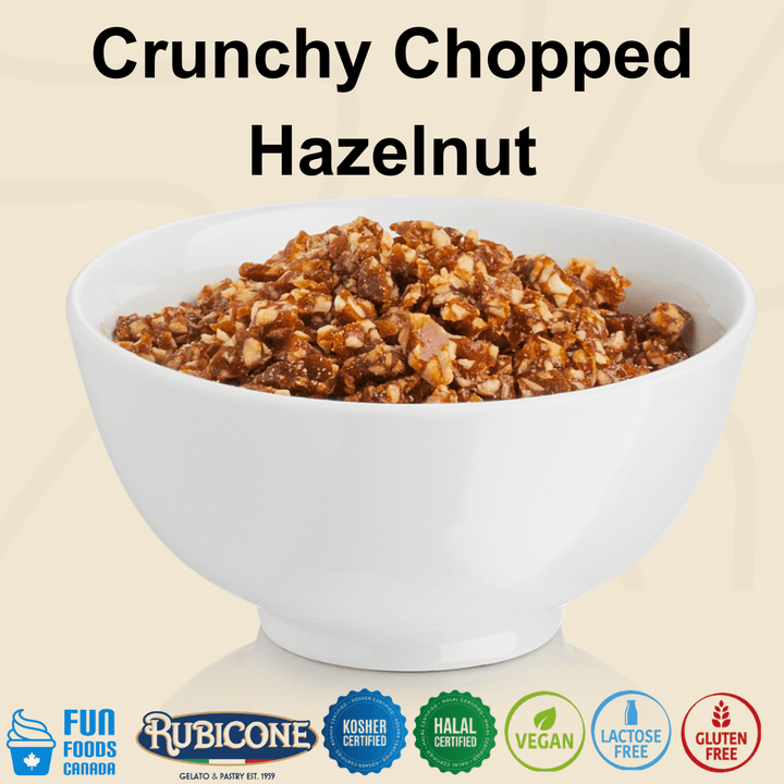 Rubicone Crunchy Chopped Hazelnut, crunchy caramelized hazelnut pieces with a rich roasted nutty flavour, ideal for topping and decorating gelato, ice cream, pastries, cakes and desserts. Kosher, Halal, Vegan, Lactose Free and Gluten Free.
