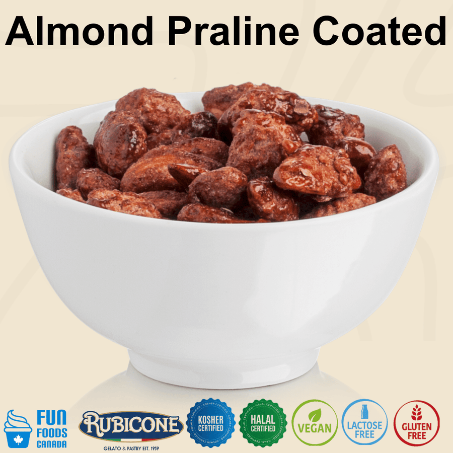Rubicone Almond Praline Coated, crunchy whole almonds coated in a sweet caramelized praline glaze, ideal for decorating gelato, ice cream, pastries, desserts and confectionery creations. Kosher, Halal, Vegan, Lactose Free and Gluten Free.