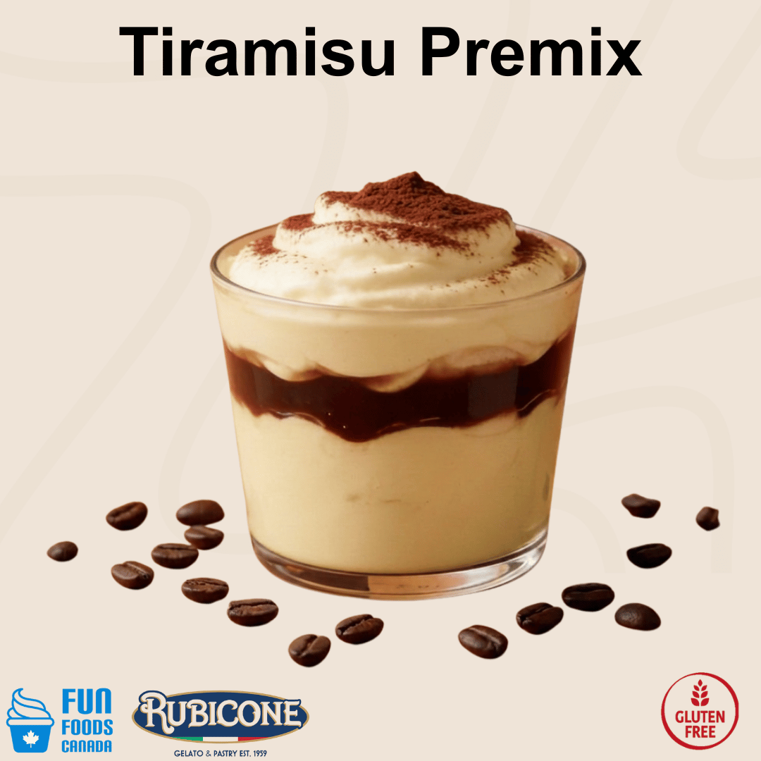 Rubicone Tiramisu Premix for preparing creamy tiramisu desserts with classic coffee and cocoa flavours. Gluten-Free certified.
