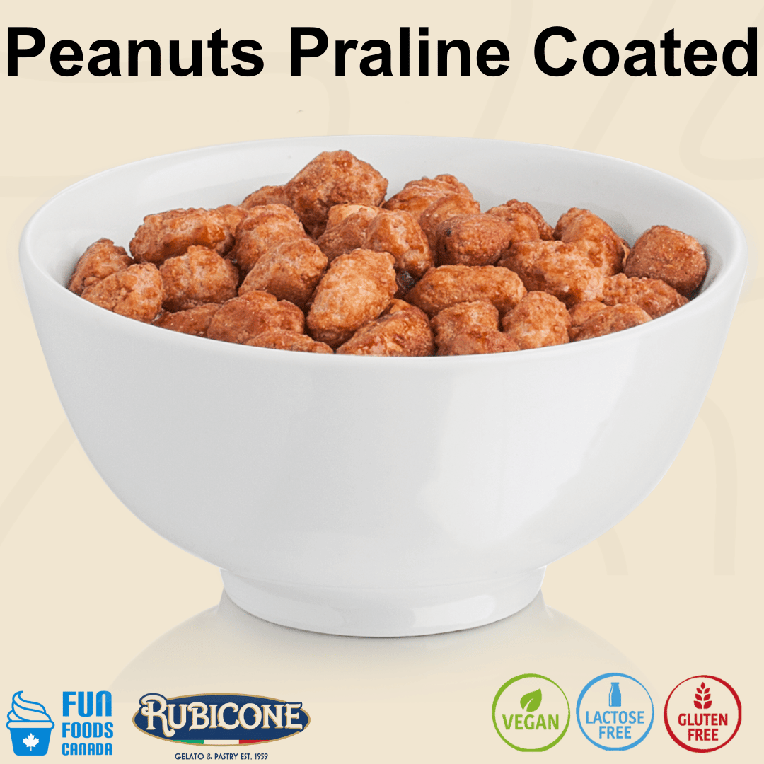 Rubicone Peanuts Praline Coated, crunchy whole peanuts coated in a sweet caramelized praline glaze, ideal for topping and decorating gelato, ice cream, pastries, cakes and desserts. Vegan, Lactose Free and Gluten Free.
