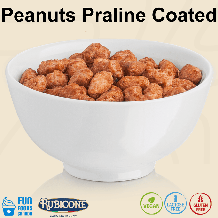 Rubicone Peanuts Praline Coated, crunchy whole peanuts coated in a sweet caramelized praline glaze, ideal for topping and decorating gelato, ice cream, pastries, cakes and desserts. Vegan, Lactose Free and Gluten Free.
