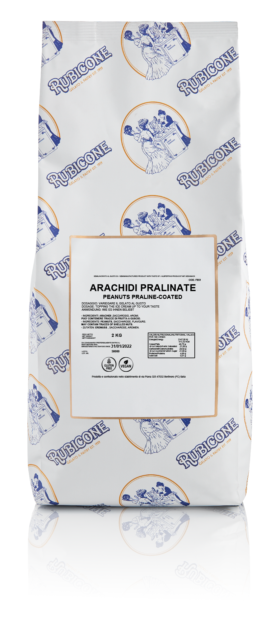 2 KG bag of Rubicone Peanuts Praline Coated - Nuts and Grains for Gelato and Pastry - on a white background