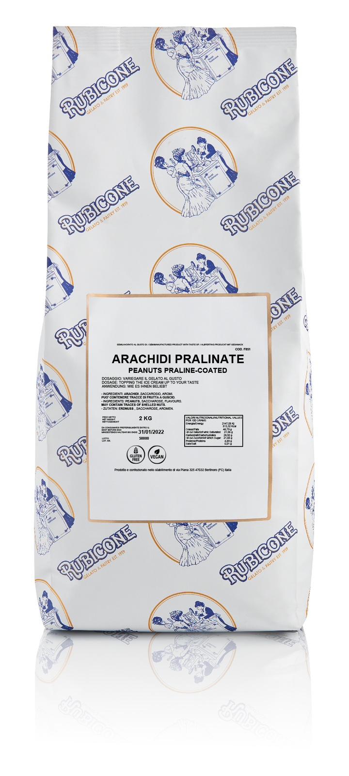 2 KG bag of Rubicone Peanuts Praline Coated - Nuts and Grains for Gelato and Pastry - on a white background