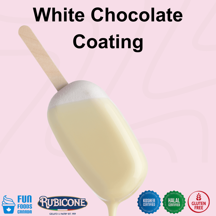 Rubicone White Chocolate Coating for gelato sticks and frozen desserts, featuring a smooth, creamy white chocolate shell. Kosher, Halal and Gluten-Free certified.
