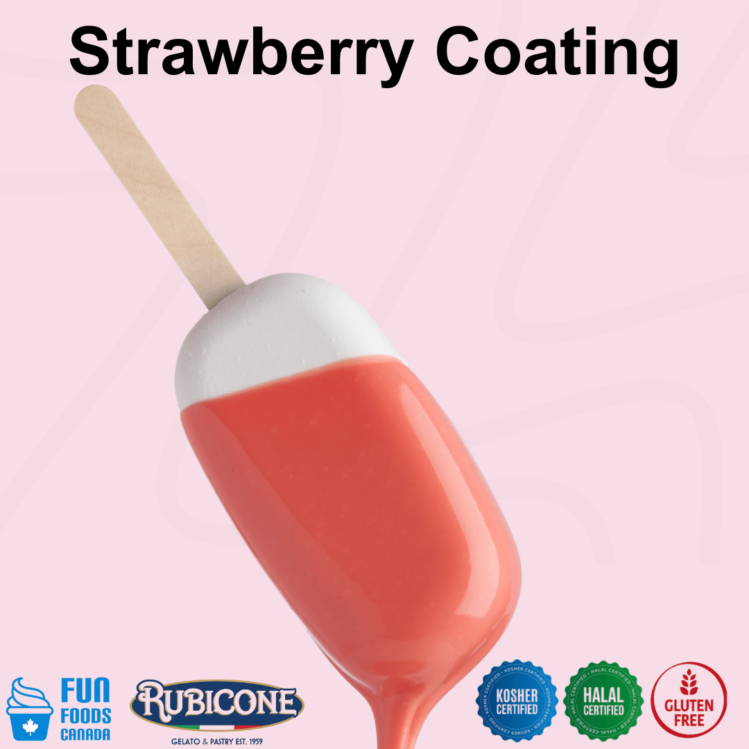 Rubicone Strawberry Coating gelato stick with glossy pink strawberry-flavoured coating, designed for dipping and coating gelato, ice cream bars and frozen desserts. Kosher, Halal and Gluten-Free certified.
