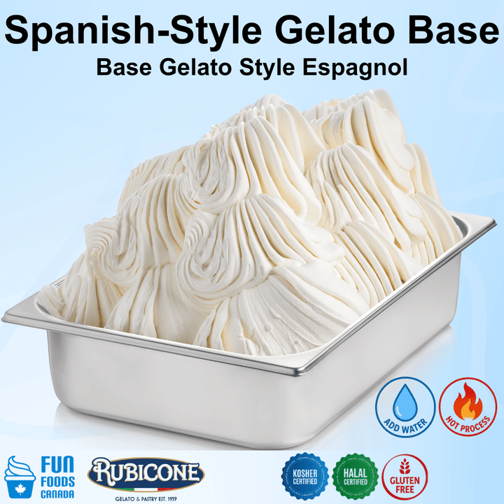 Spanish-style gelato base in a metal container with Rubicone branding and certification logos on a light blue background.