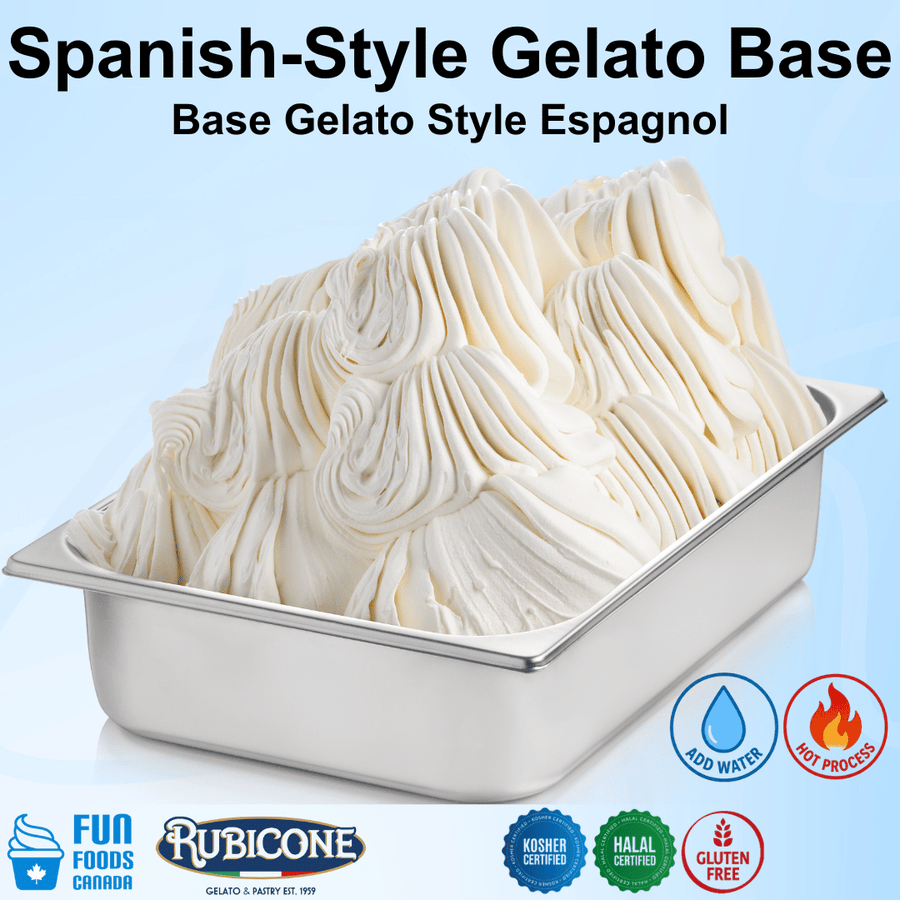 Spanish-style gelato base in a metal container with Rubicone branding and certification logos on a light blue background.