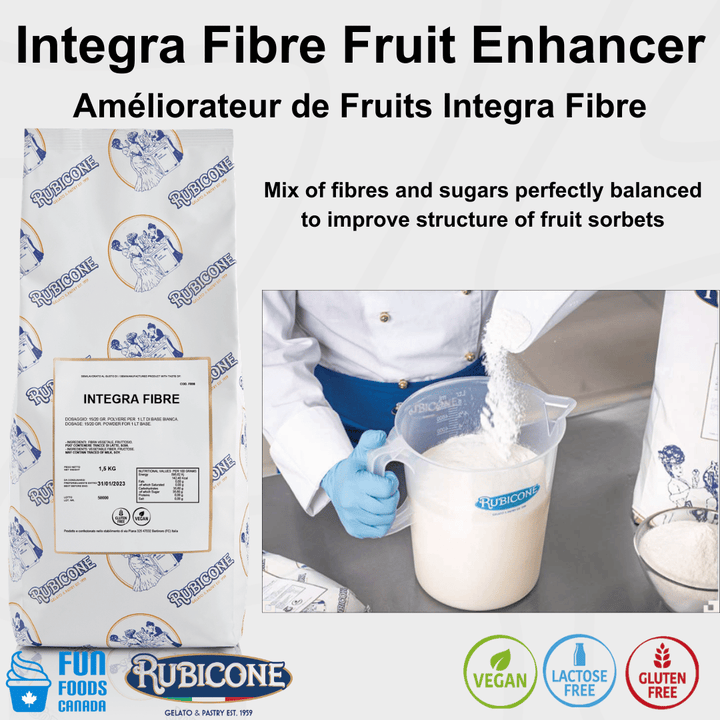 Integra Fibre Fruit Enhancer packaging with a person pouring it into a container, featuring Rubicone branding.