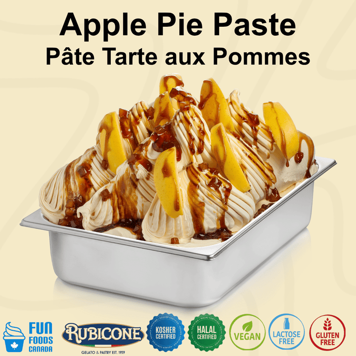 Apple pie ice cream gelato with apple pie variegate and apple slices in a metal container with Rubicone and Fun Foods Canada branding and certification logos: Kosher Certified, Halal Certified, Vegan, Lactose-Free, Gluten-Free on a beige background