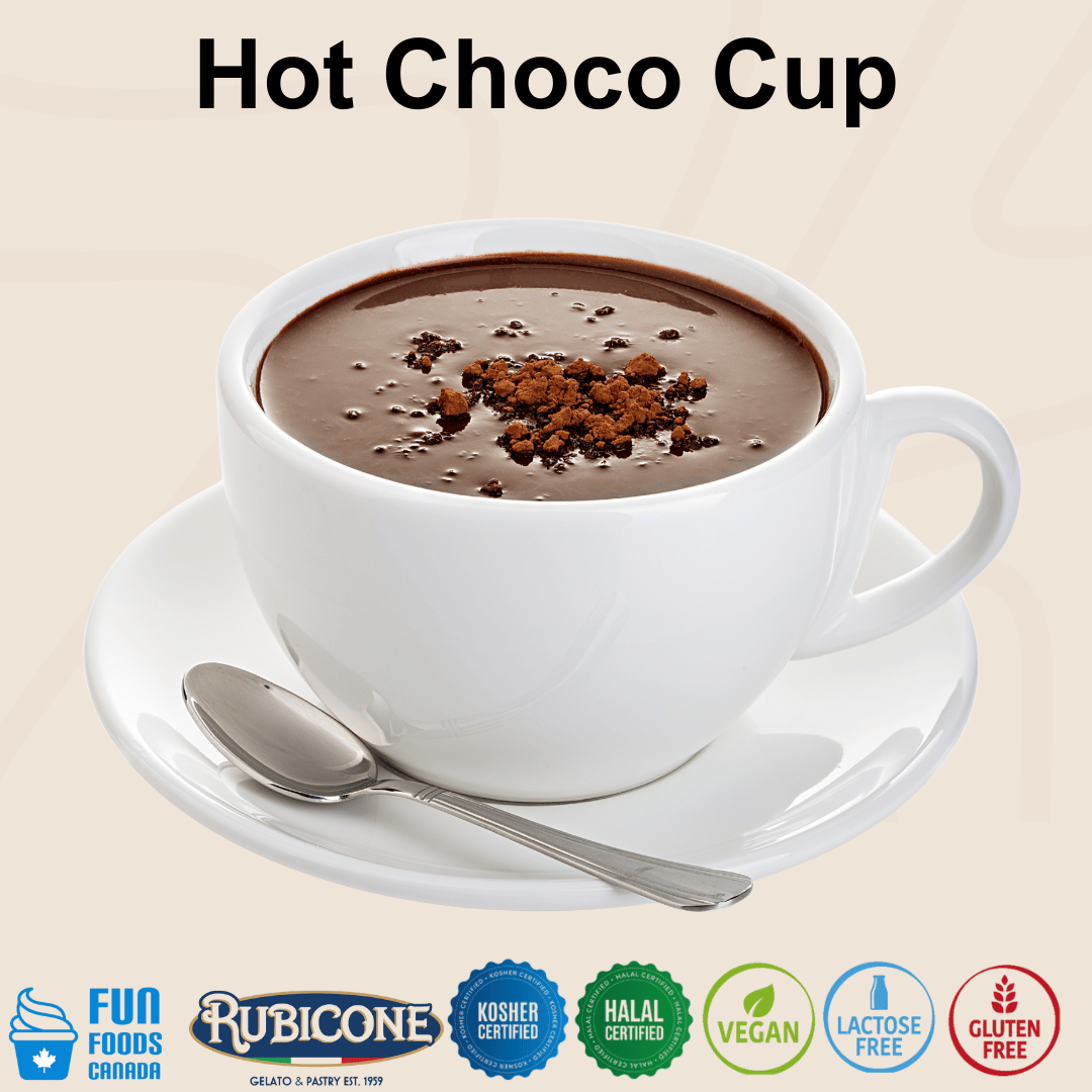 Rubicone Hot Choco Cup mix for preparing rich, creamy hot chocolate beverages. Hot chocolate shown in a white tea cup topped with Rubicone choco dry crumble. Kosher, Halal, Vegan, Lactose-Free and Gluten-Free certified.
