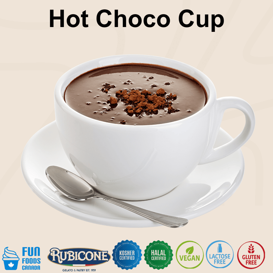 Rubicone Hot Choco Cup mix for preparing rich, creamy hot chocolate beverages. Hot chocolate shown in a white tea cup topped with Rubicone choco dry crumble. Kosher, Halal, Vegan, Lactose-Free and Gluten-Free certified.
