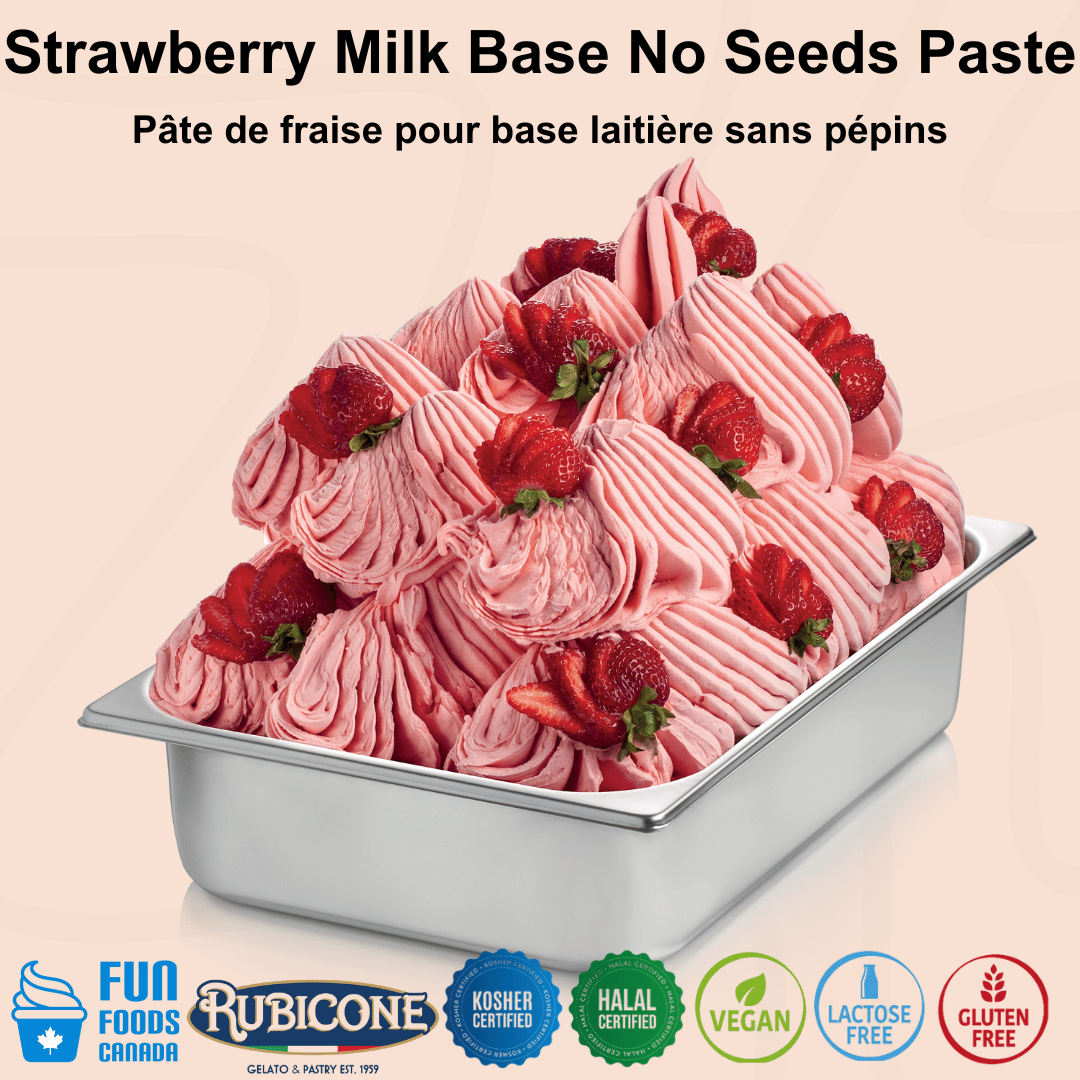 Rubicone Strawberry Milk Base Paste for authentic Italian gelato, shown as smooth, creamy strawberry gelato topped with fresh strawberry pieces in a display pan.