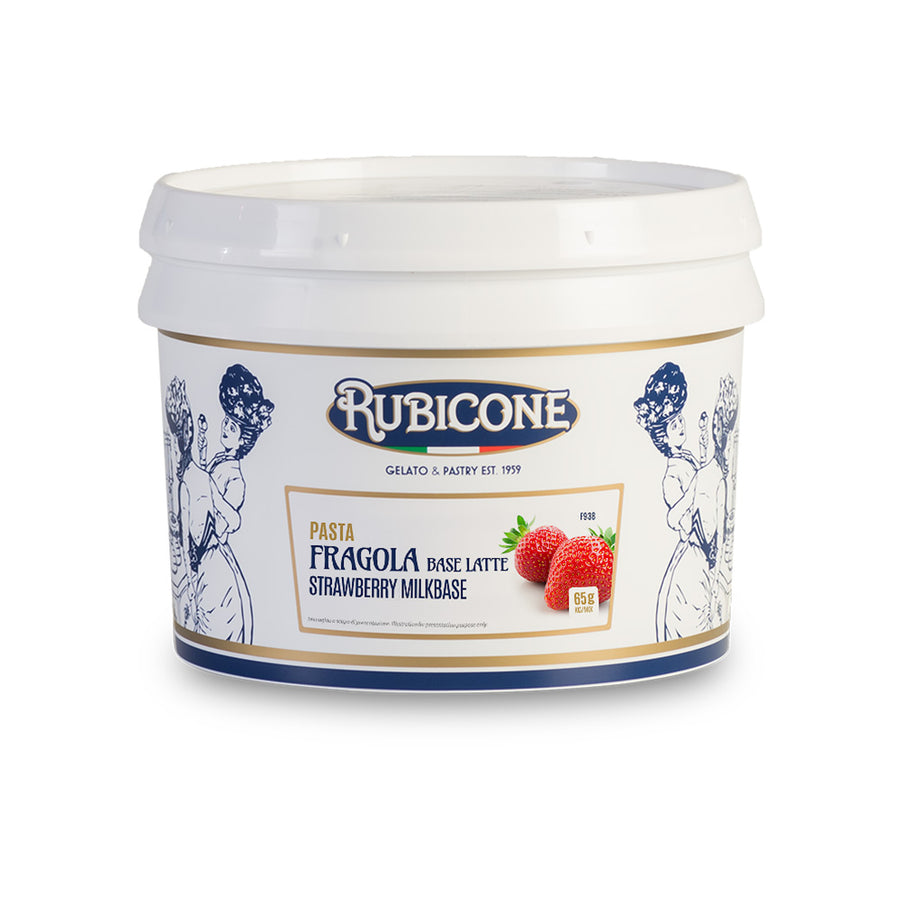 3 KG bucket of Rubicone Strawberry Milkbase fruit gelato paste on a white background