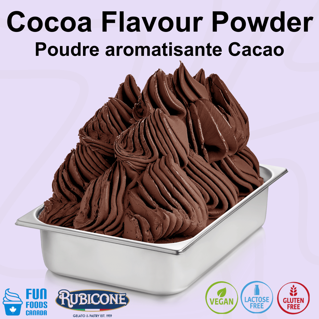 Rubicone Cocoa Plus Flavour Powder for authentic Italian gelato, shown as smooth, creamy cocoa gelato with a rich dark chocolate colour in a display pan. Available in Canada from Fun Foods Canada.