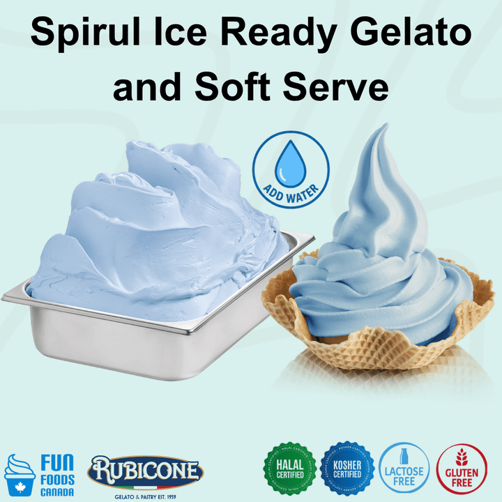 Rubicone Spirul Ice Ready Gelato mix – vibrant blue add-water mix for commercial gelato and soft serve in Canada. Halal and Kosher certified, lactose-free and gluten-free.

