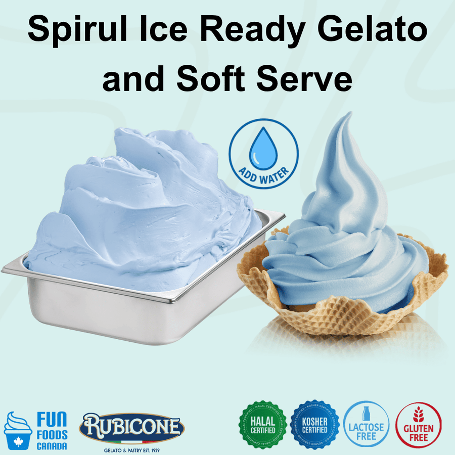 Rubicone Spirul Ice Ready Gelato mix – vibrant blue add-water mix for commercial gelato and soft serve in Canada. Halal and Kosher certified, lactose-free and gluten-free.
