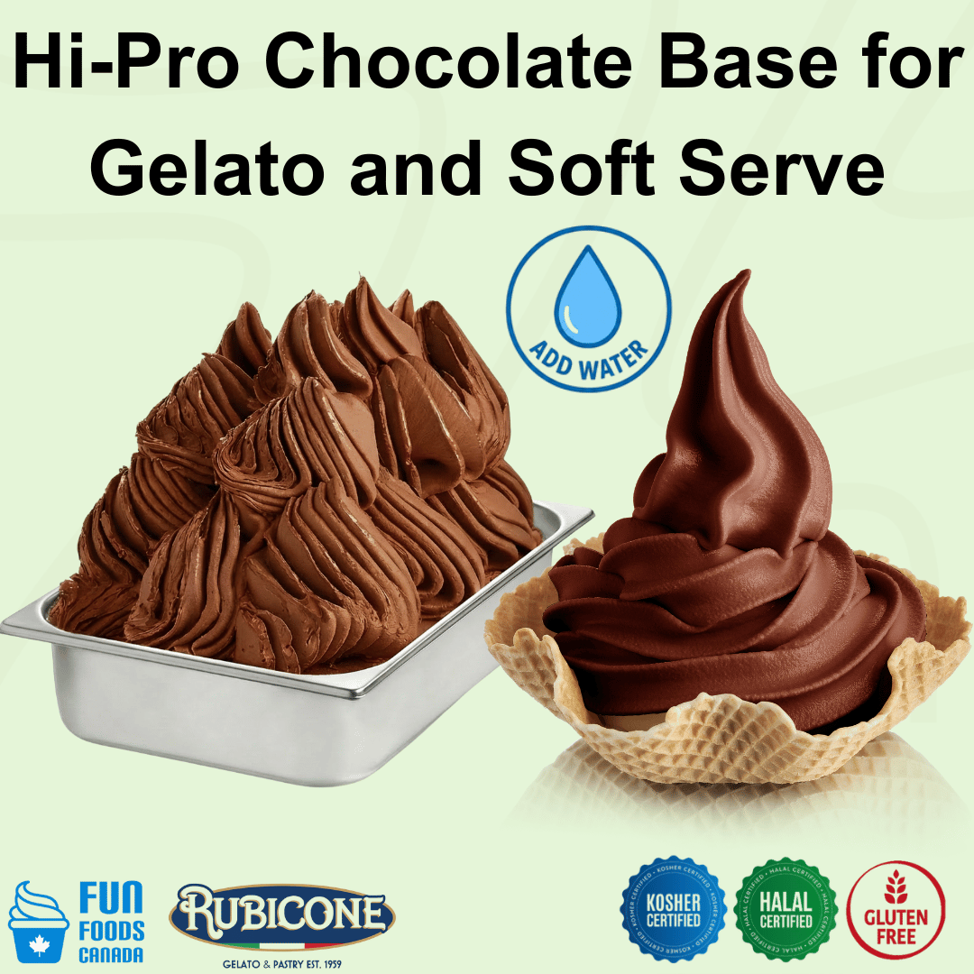 Rubicone Hi-Pro Chocolate Base – chocolate-flavoured add-water base for commercial gelato and soft serve in Canada. Kosher, halal, and gluten-free.