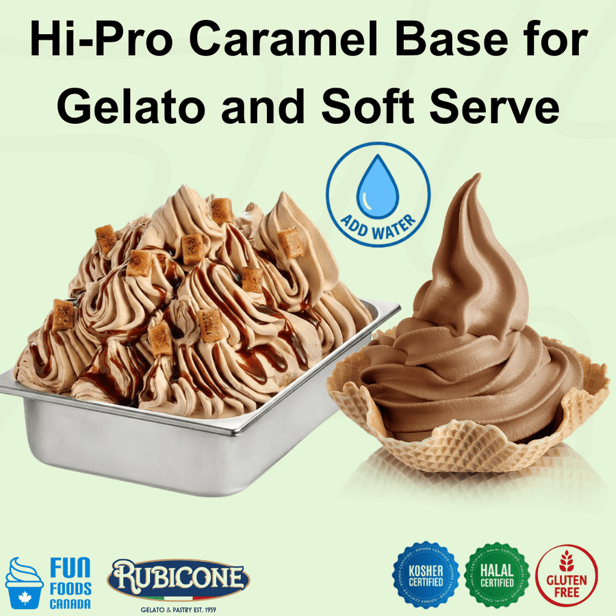 Rubicone Hi-Pro Caramel Base – caramel-flavoured add-water base for commercial gelato and soft serve in Canada. Kosher, halal, and gluten-free.
