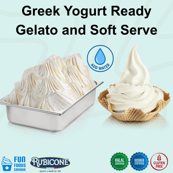 Rubicone Greek Yogurt Ready Gelato and Soft Serve mix – creamy, tangy Greek yogurt-flavoured add-water mix for commercial gelato and soft serve machines in Canada. Halal certified, Kosher certified and gluten-free.
