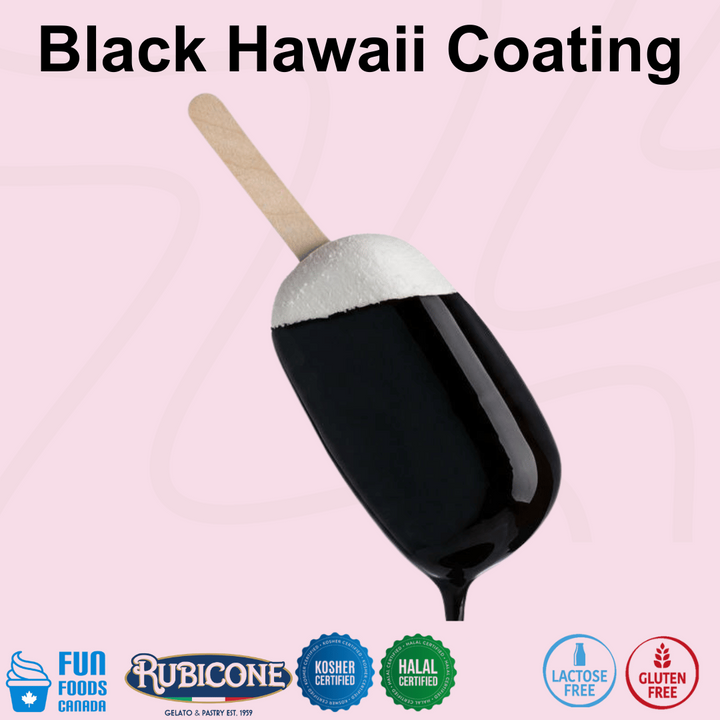 Rubicone Black Hawaii Coating – black coating for gelato sticks and pops, creating a smooth, glossy shell. lactose-free, kosher, halal and gluten-free.
