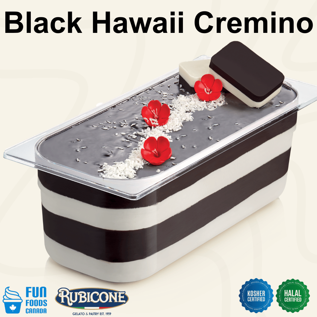 Rubicone Black Hawaii Cremino for premium gelato layers and textures, featuring dark layered cremino in a display pan topped with coconut flakes and decorative cremino bars. Available in Canada from Fun Foods Canada.