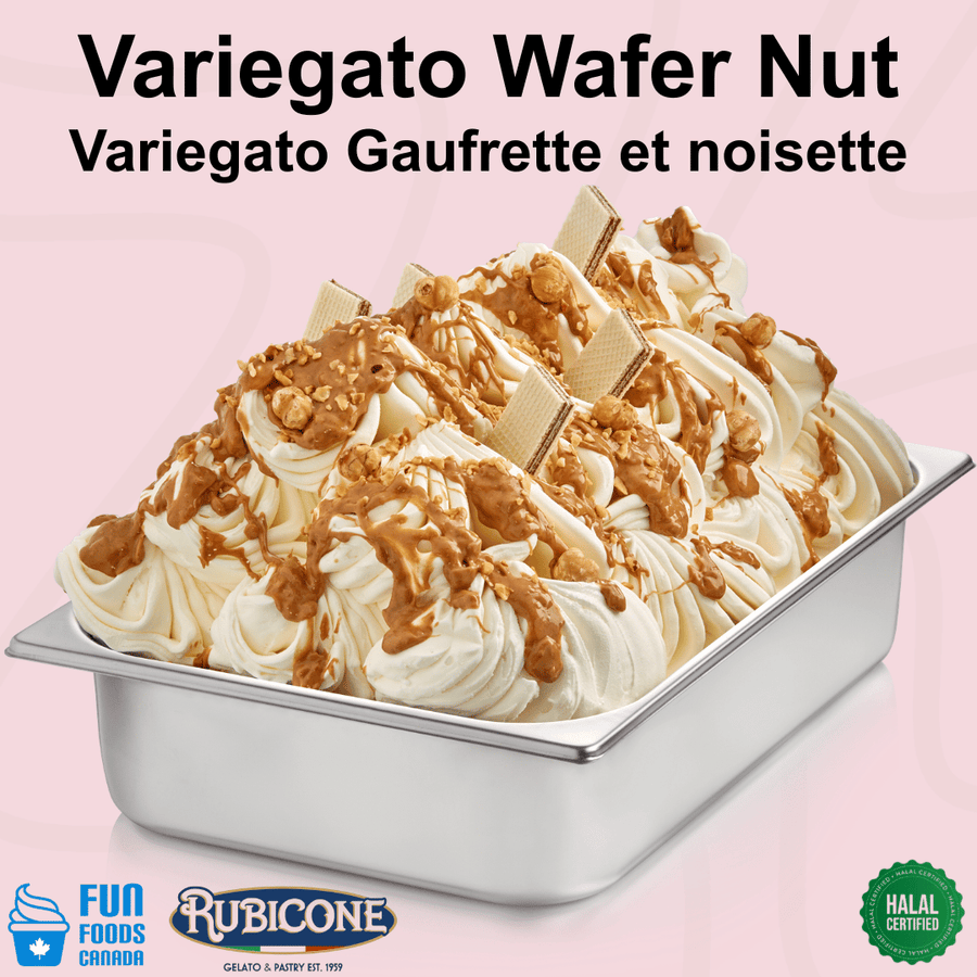 Rubicone Variegato Wafer Nut gelato variegate featuring creamy hazelnut sauce with crunchy wafer pieces, whole hazelnuts and crispy hazelnut inclusions. Perfect for decorating and flavouring gelato, ice cream, frozen yogurt and desserts. Halal