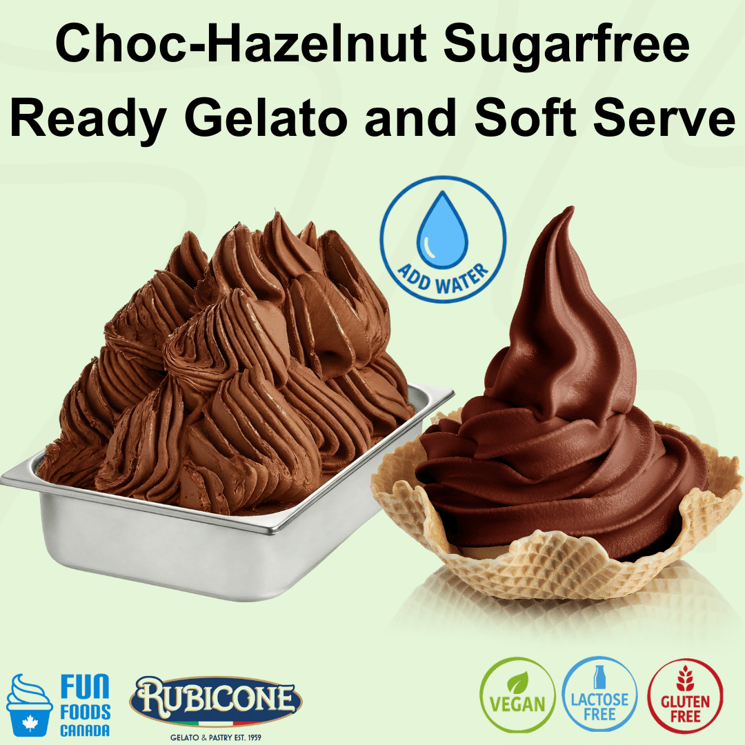 Rubicone Choc-Hazelnut Sugarfree Ready – chocolate hazelnut sugar-free add-water mix for commercial gelato and soft serve in Canada. Vegan, lactose-free and gluten-free.
