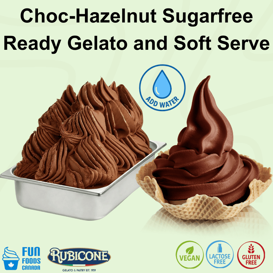 Rubicone Choc-Hazelnut Sugarfree Ready – chocolate hazelnut sugar-free add-water mix for commercial gelato and soft serve in Canada. Vegan, lactose-free and gluten-free.
