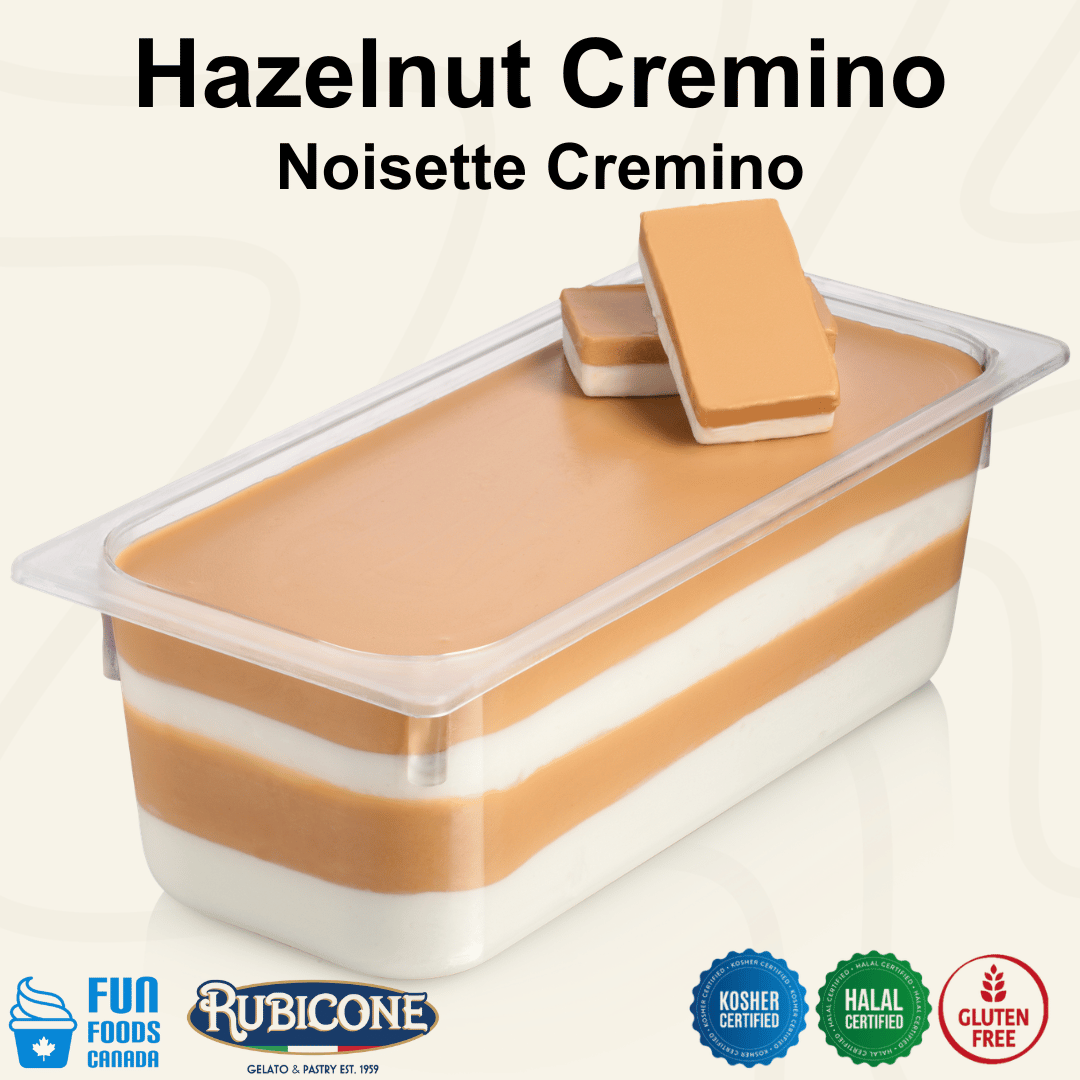 Rubicone Hazelnut Cremino for premium gelato layers and textures, featuring layered hazelnut cremino in a display pan topped with decorative cremino bars. Available in Canada from Fun Foods Canada.