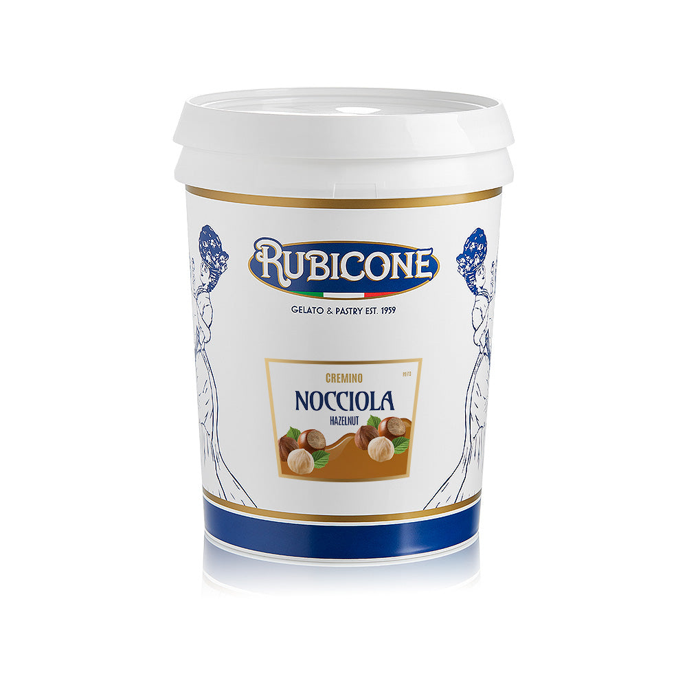 5 KG bucket of Rubicone Hazelnut spreadable filling cream (Cremino Hazelnut) on a white background 