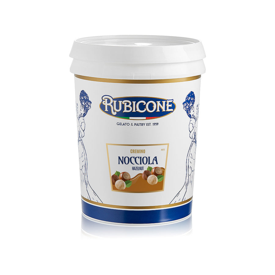 5 KG bucket of Rubicone Hazelnut spreadable filling cream (Cremino Hazelnut) on a white background 